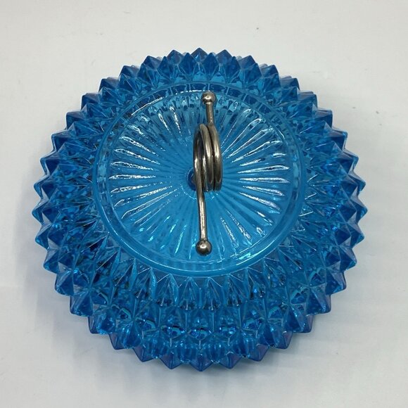 Indiana Glass Diamond Point Aqua Glass Powder Candy Dish With Lid Metal Handle - Picture 5 of 14